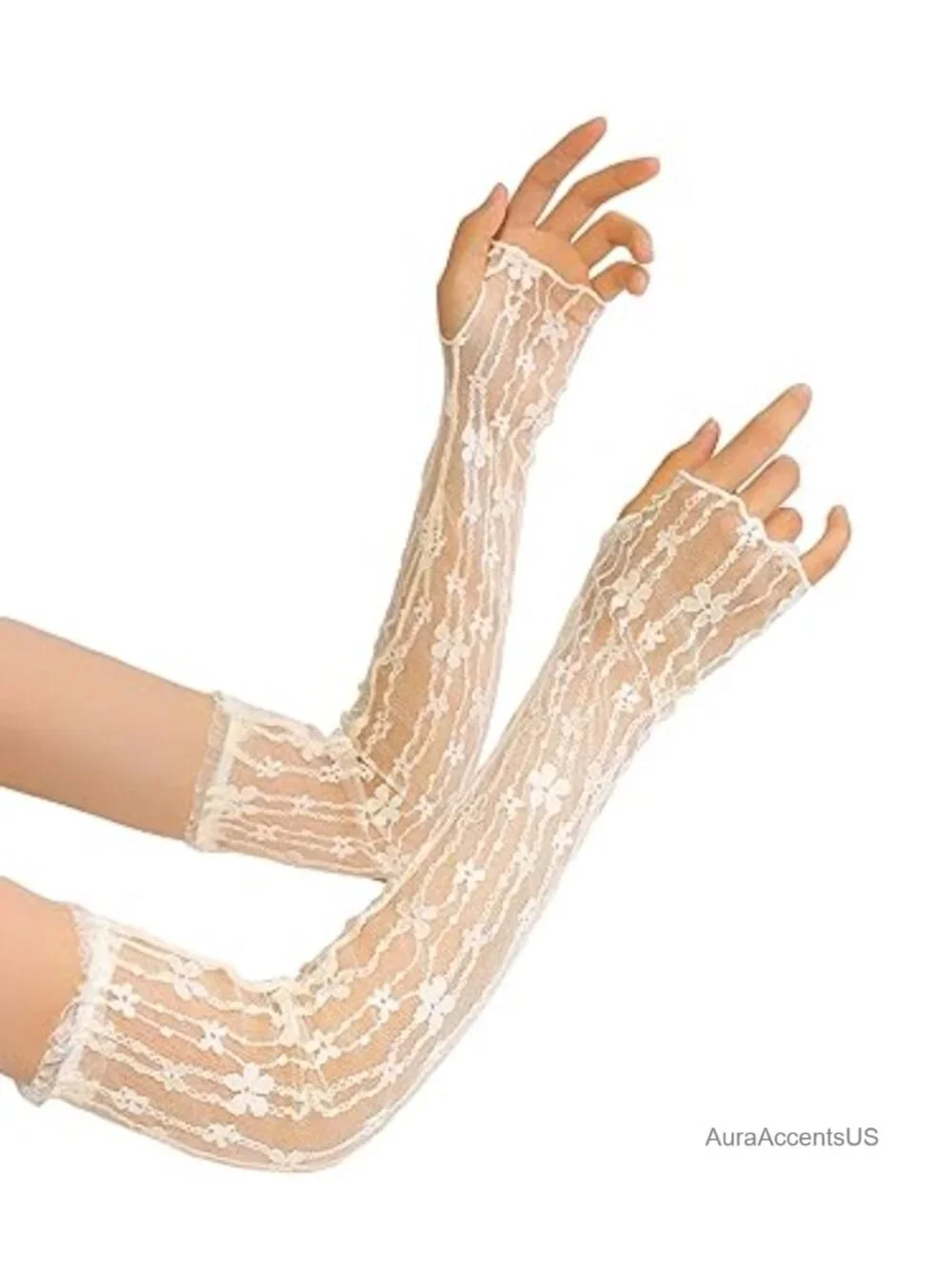 Vintage Sheer Lace Fingerless Gloves Elbow Length Arm Warmers